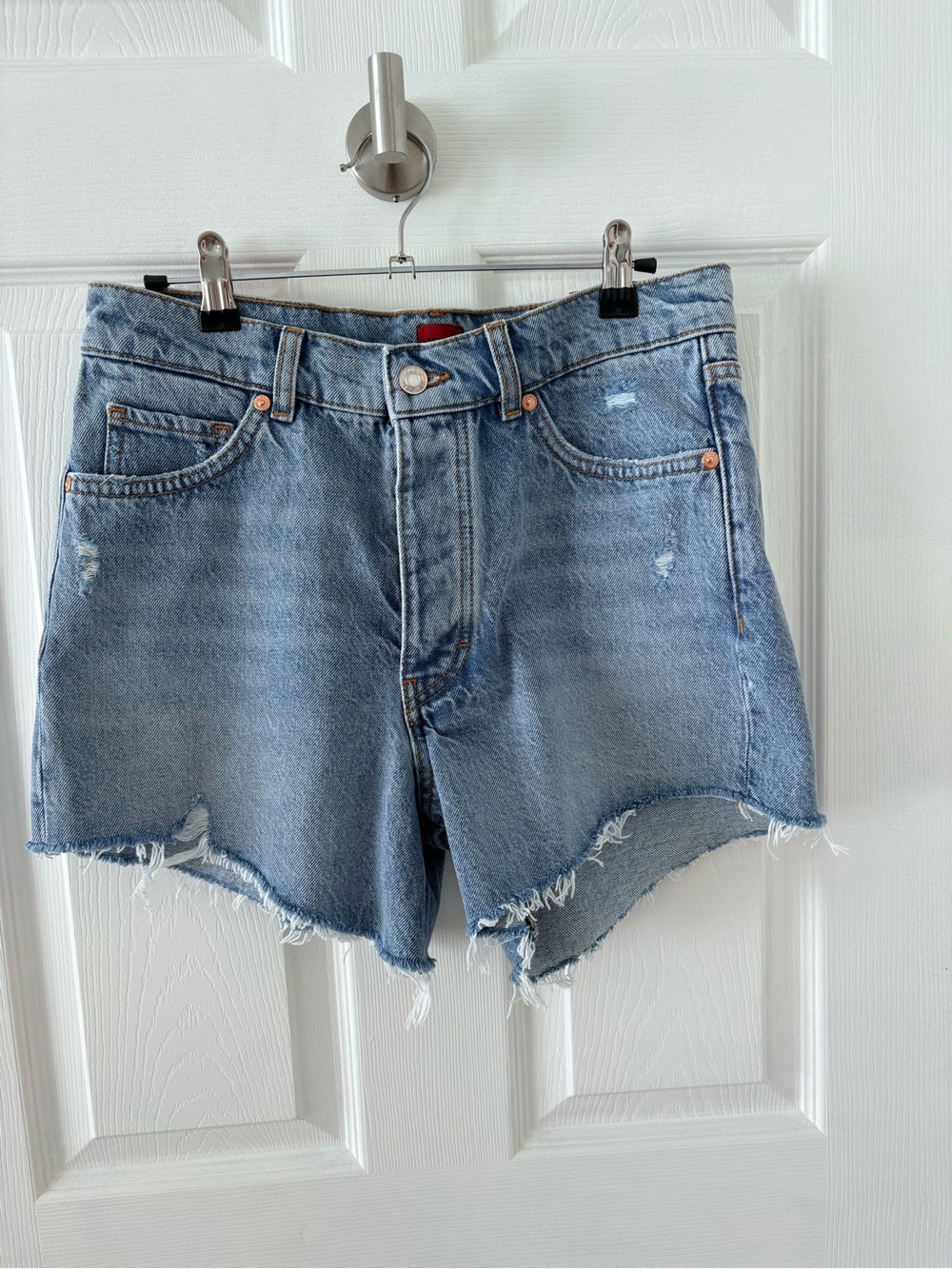 HUGO Distressed Light Blue Denim Button Fly Shorts. Women’s size 27.  NWT